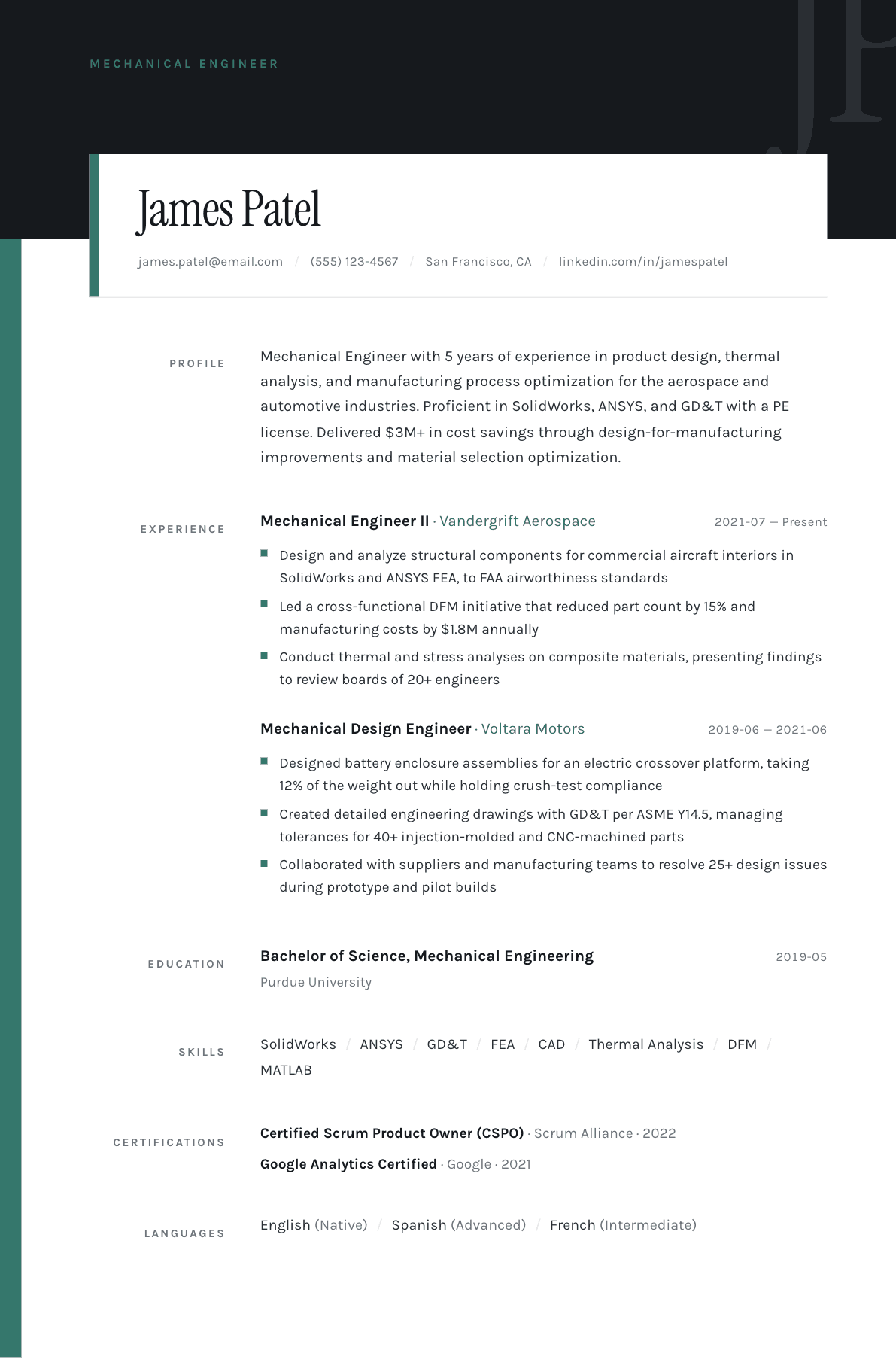 Mechanical Engineer resume example, Quarto template