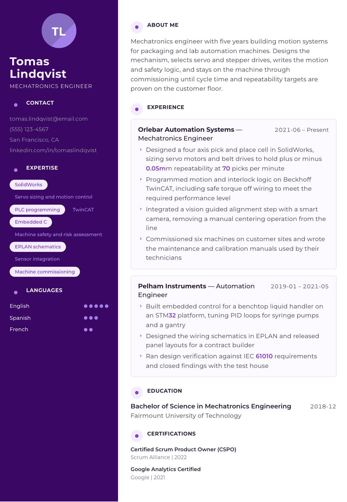 Mechatronics Engineer resume example, Palette template