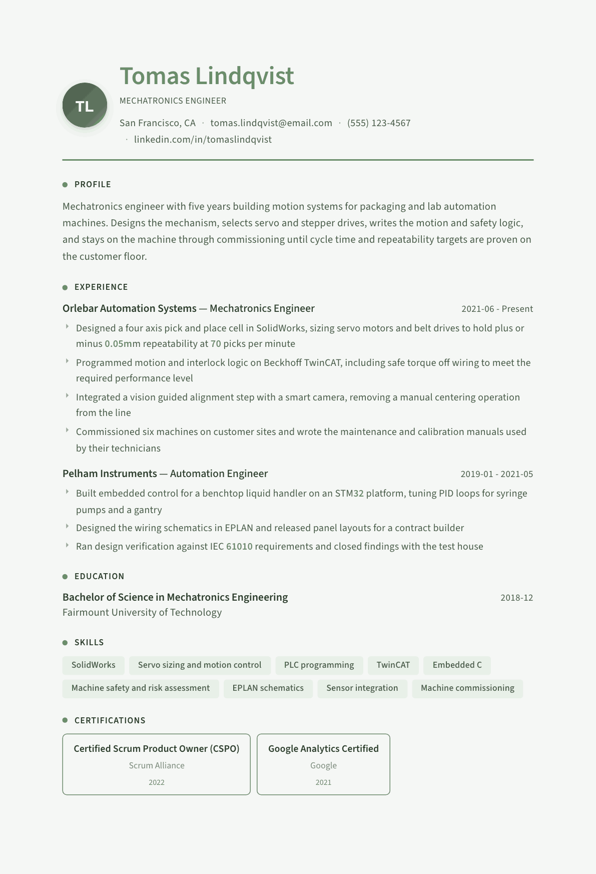 Mechatronics Engineer resume example, Sage Garden template