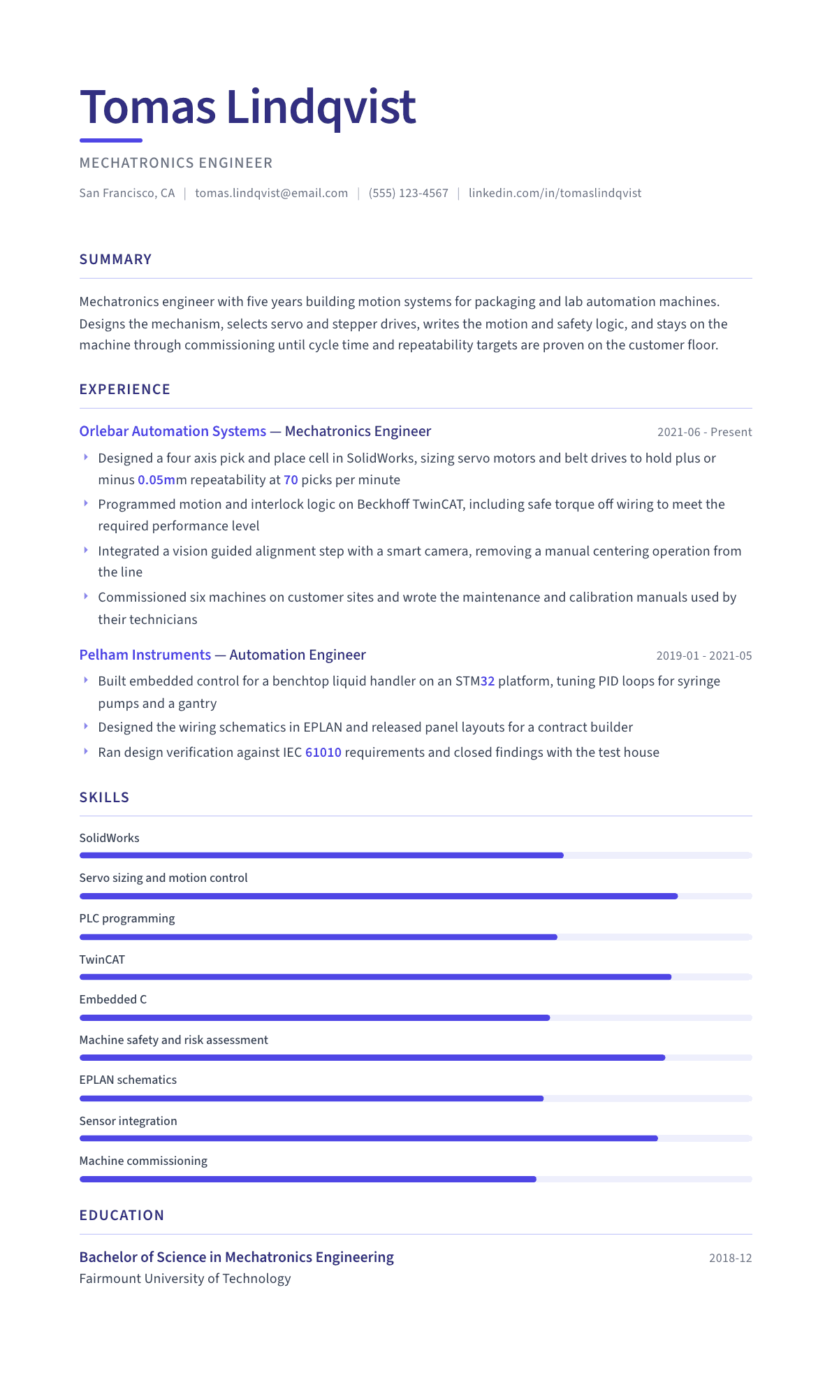 Mechatronics Engineer resume example, Logic template