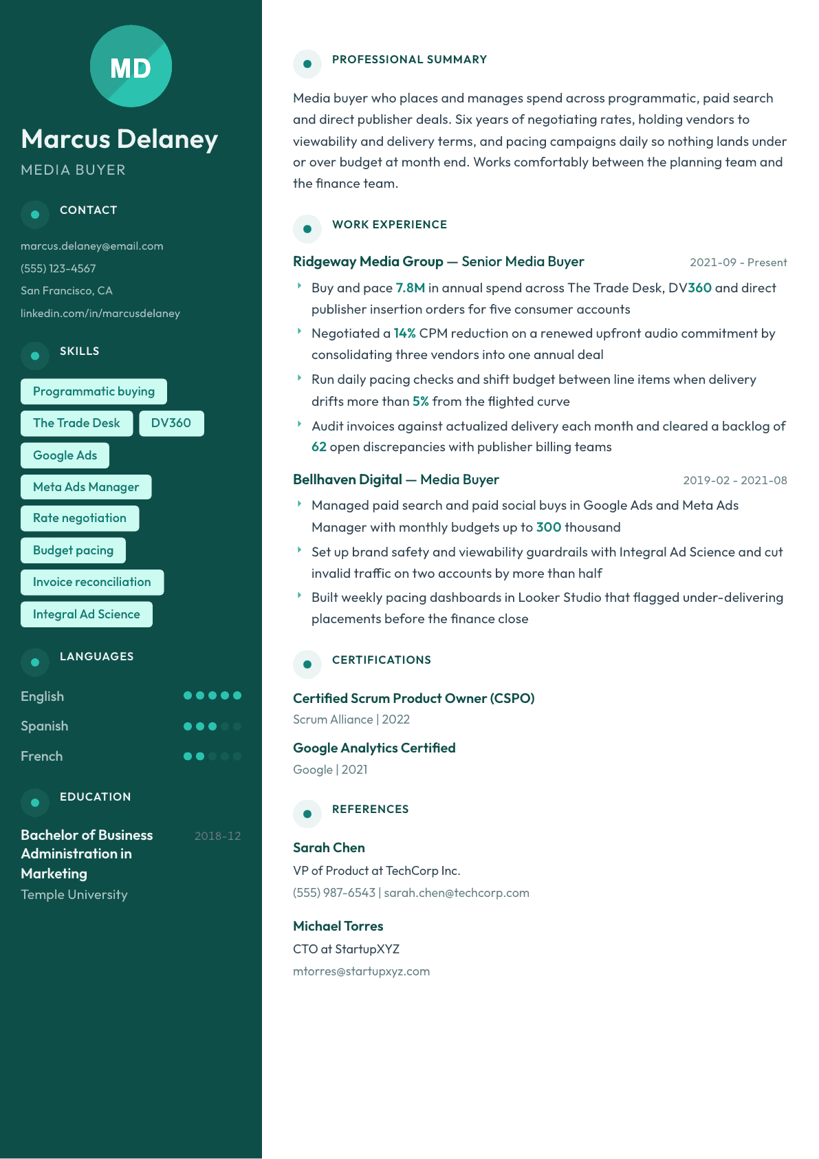 Media Buyer resume example, Vienna template