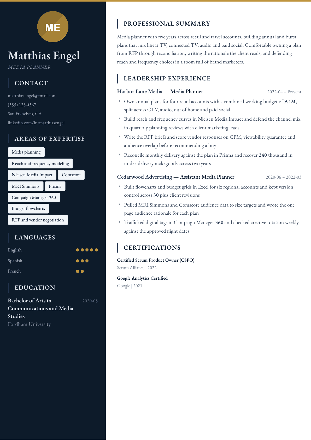 Media Planner resume example, Presidio template