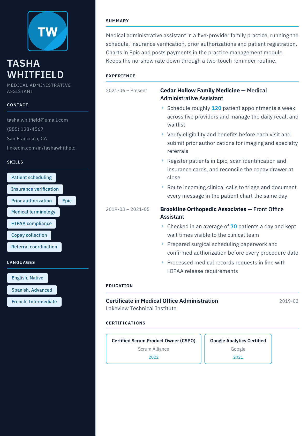 Medical Administrative Assistant resume example, Everest template