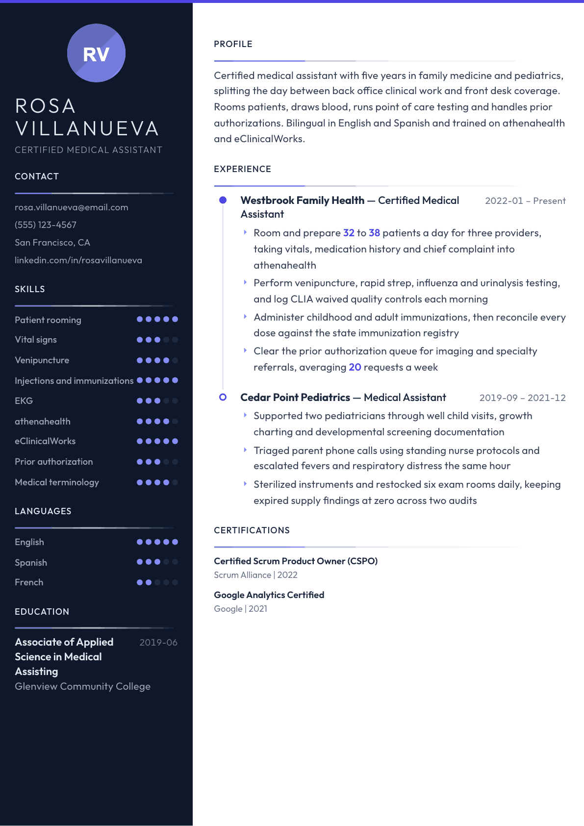 Medical Assistant resume example, Zenith template