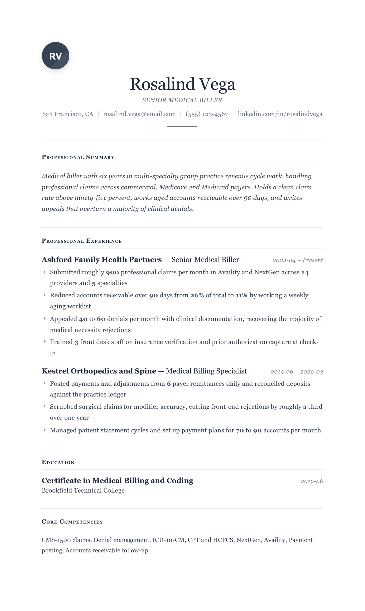 Medical Biller resume example, Cornerstone template