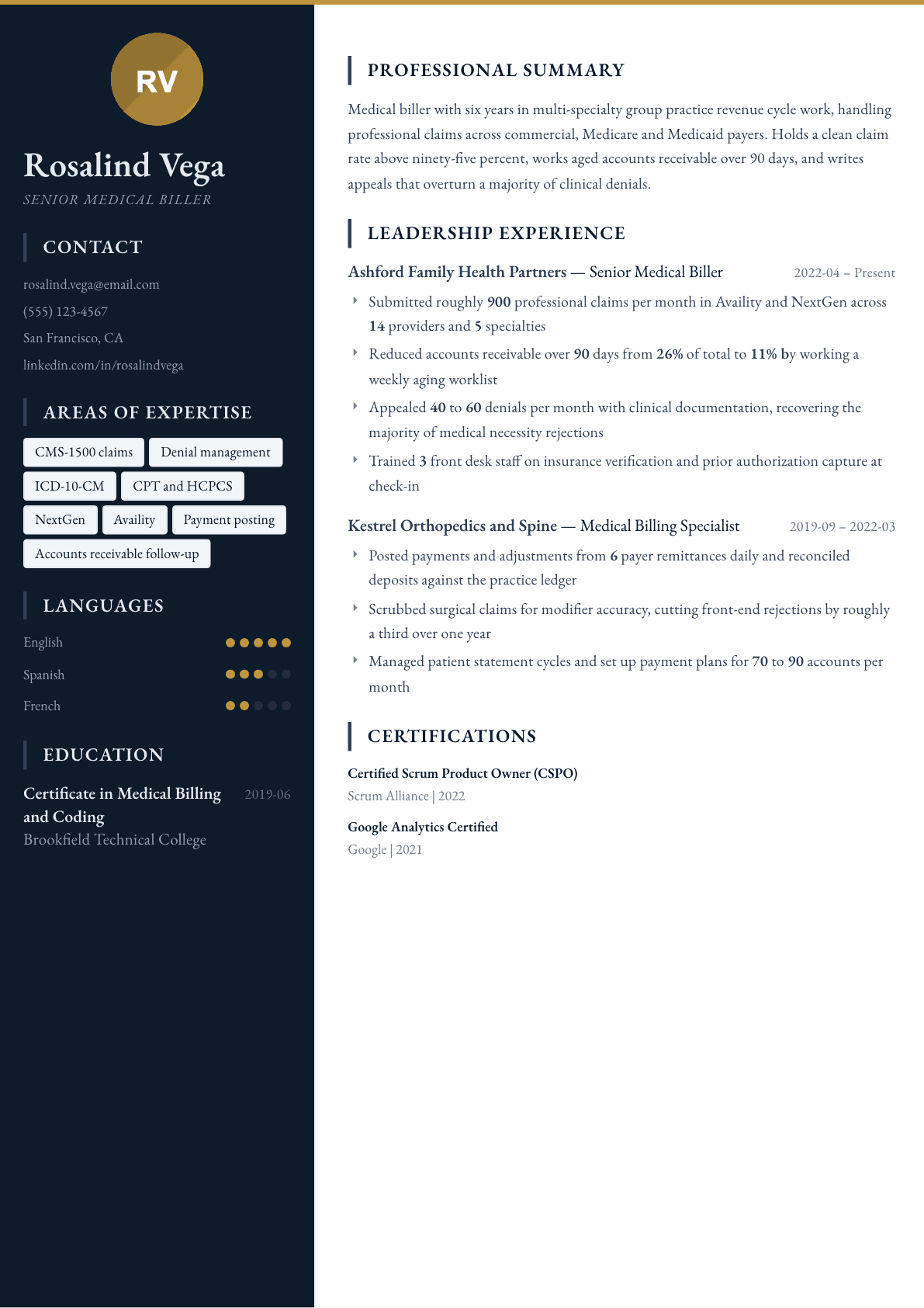 Medical Biller resume example, Presidio template