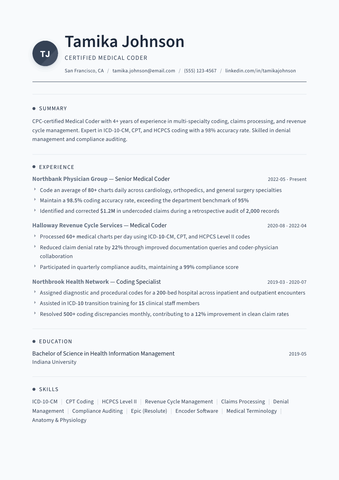 Medical Coder resume example, Thread template