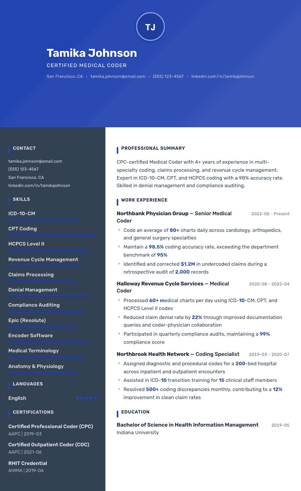 Medical Coder resume example, Barcelona template