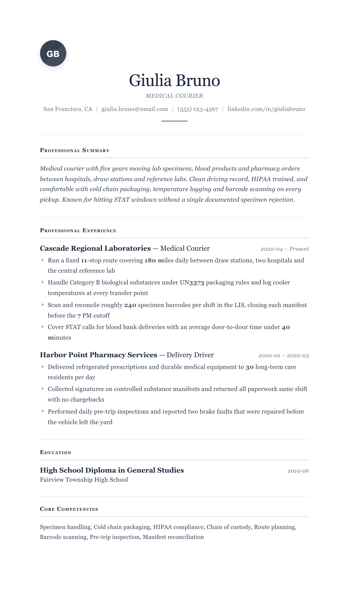 Medical Courier resume example, Cornerstone template