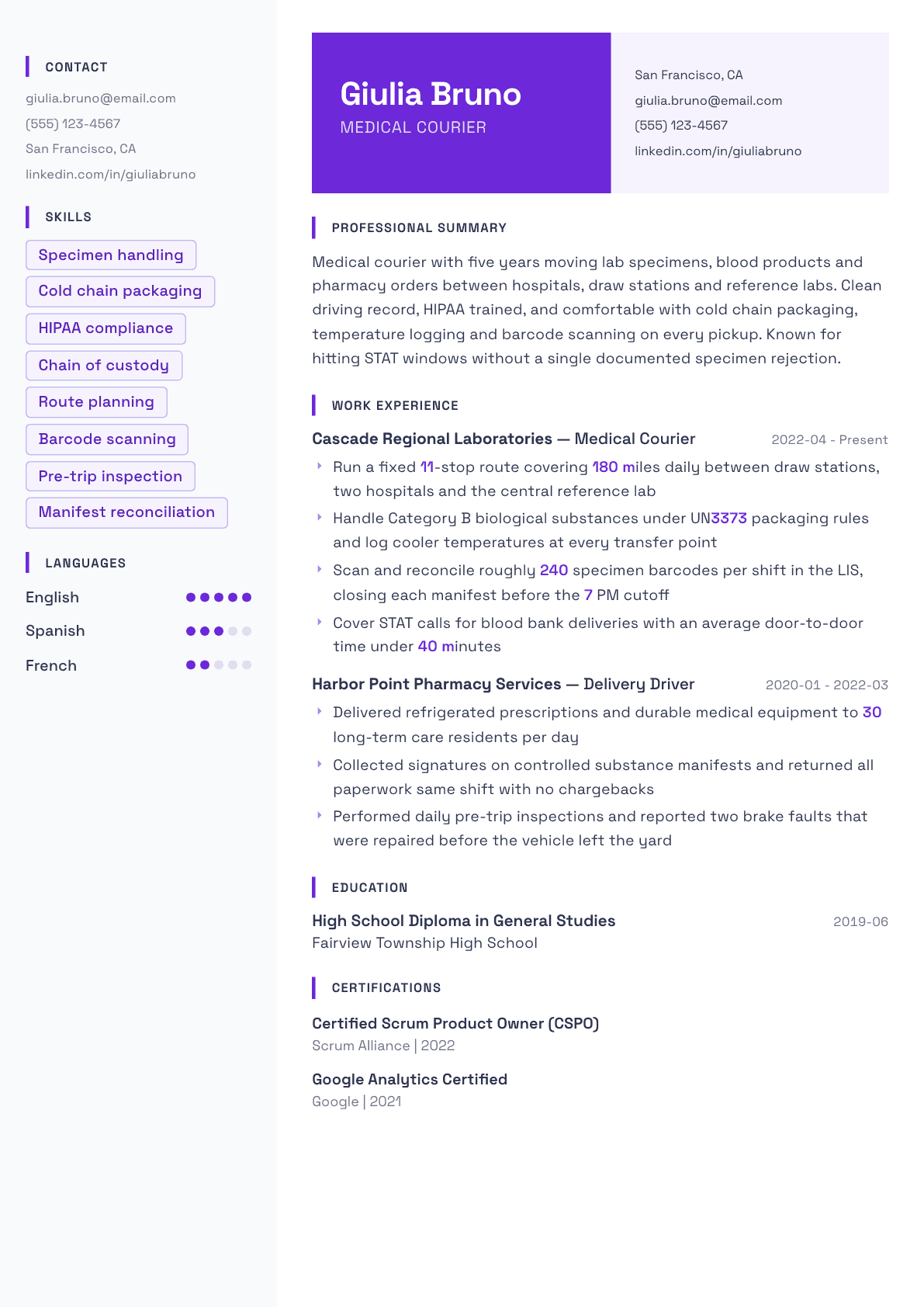 Medical Courier resume example, Tokyo template