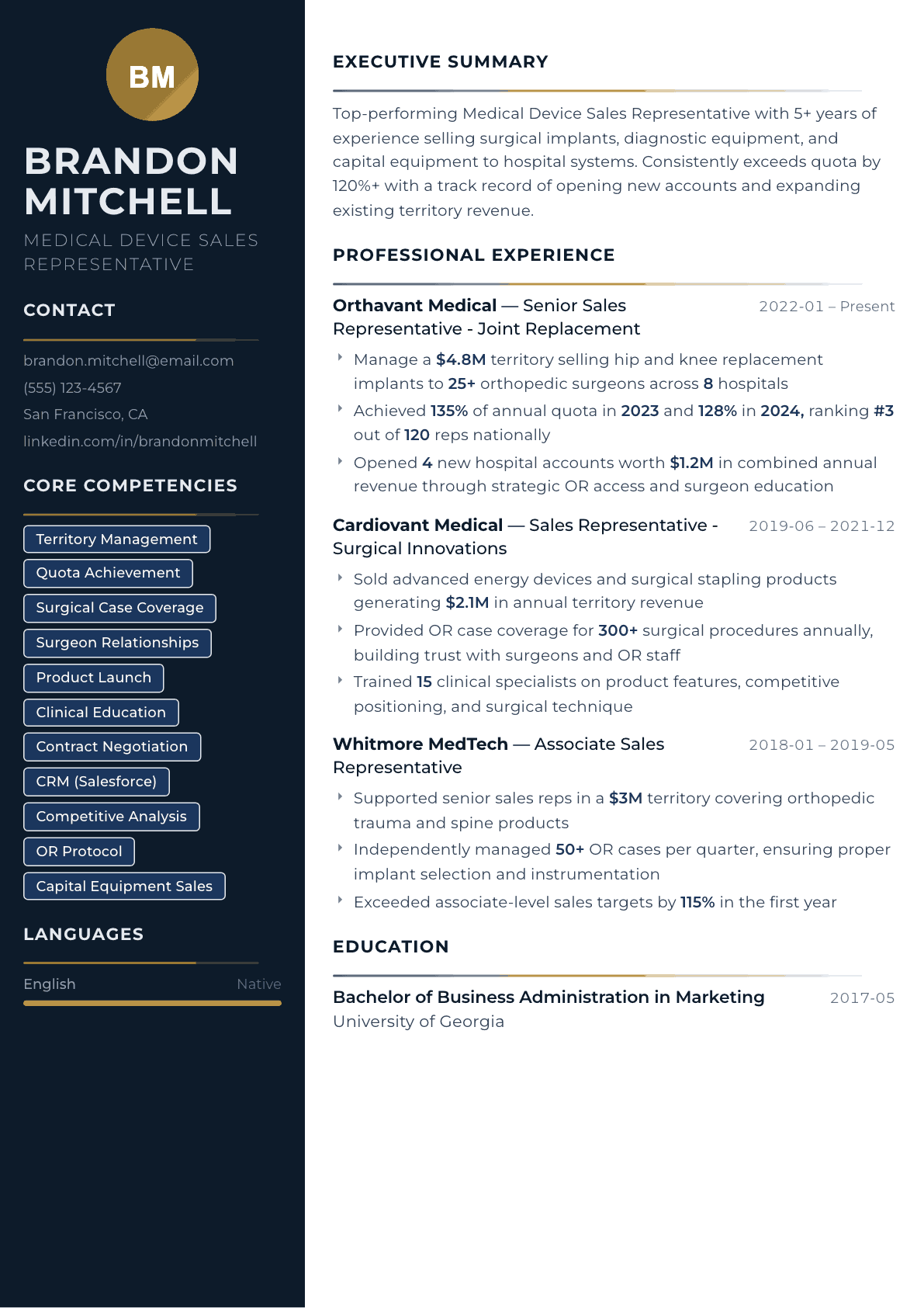 Medical Device Sales resume example, Catalyst template