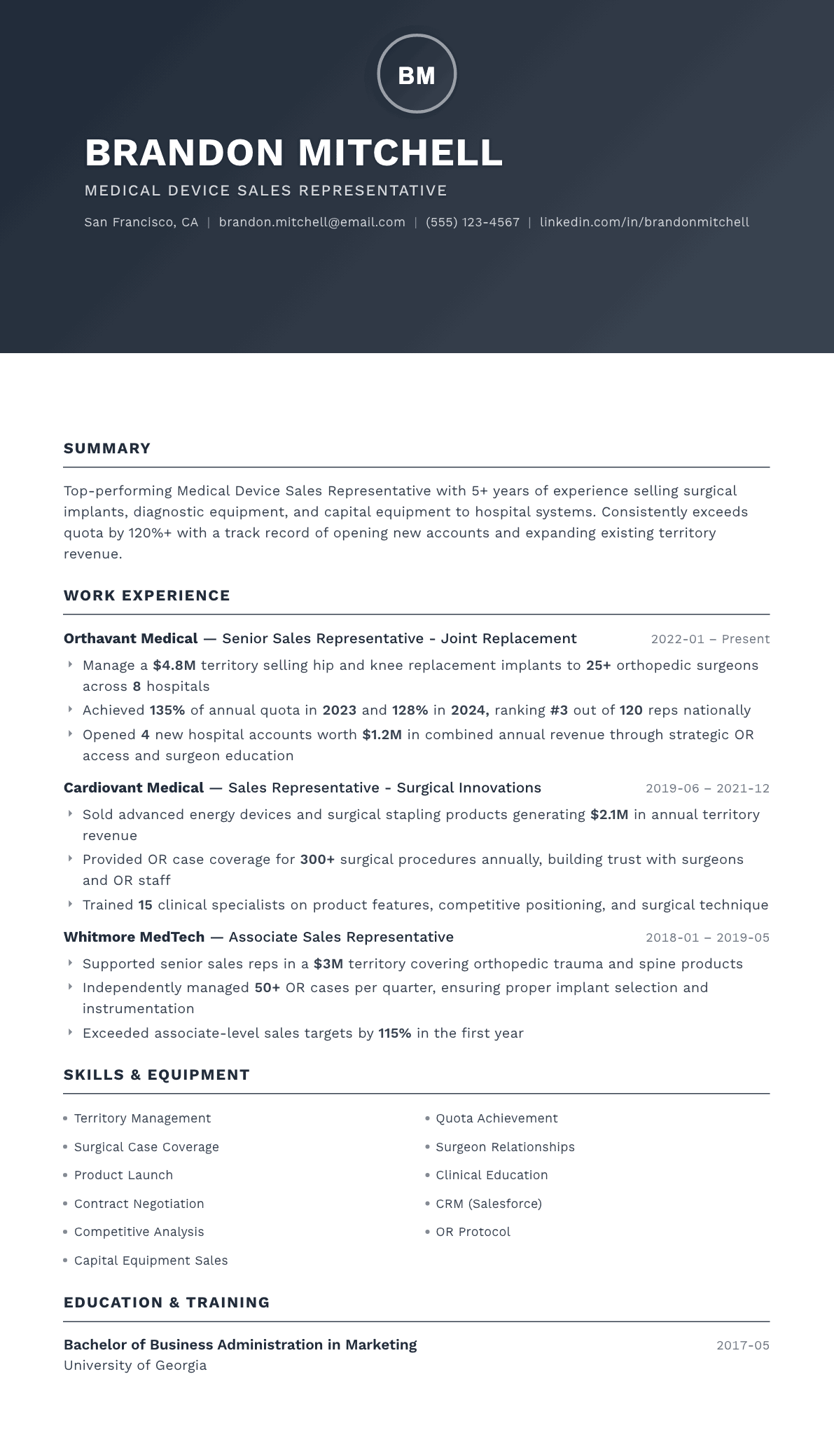 Medical Device Sales resume example, Foundation template