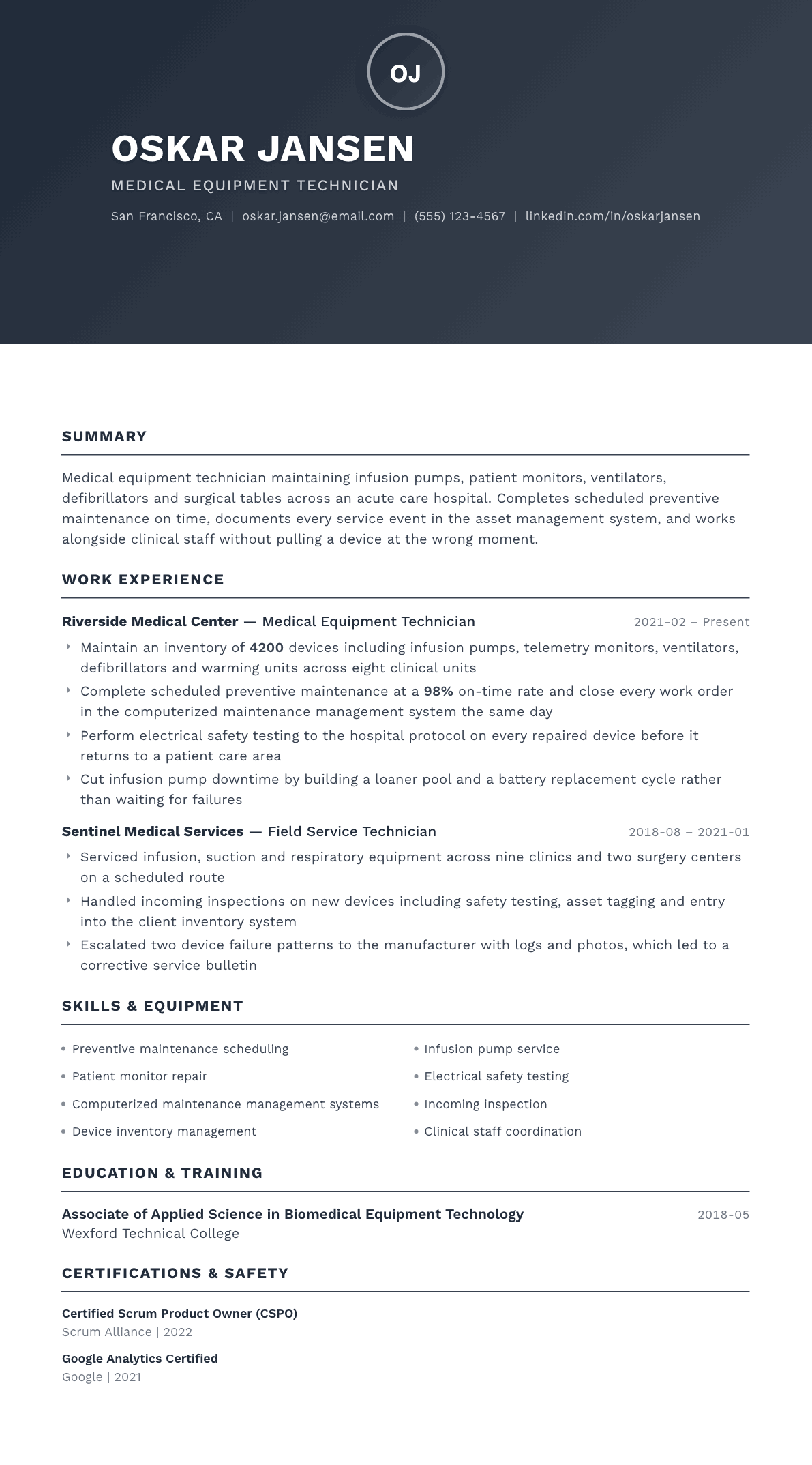 Medical Equipment Technician resume example, Foundation template