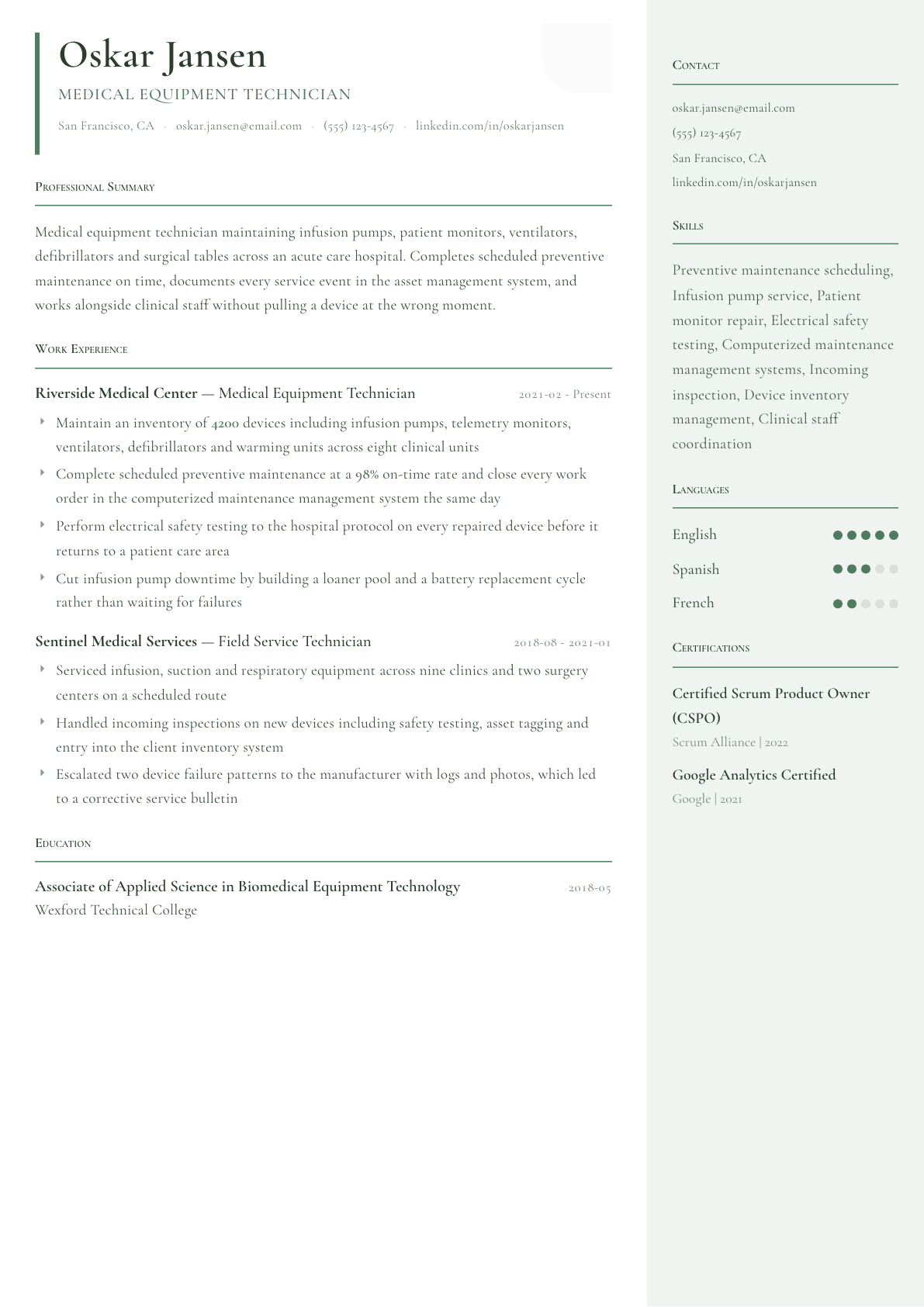 Medical Equipment Technician resume example, Copenhagen template