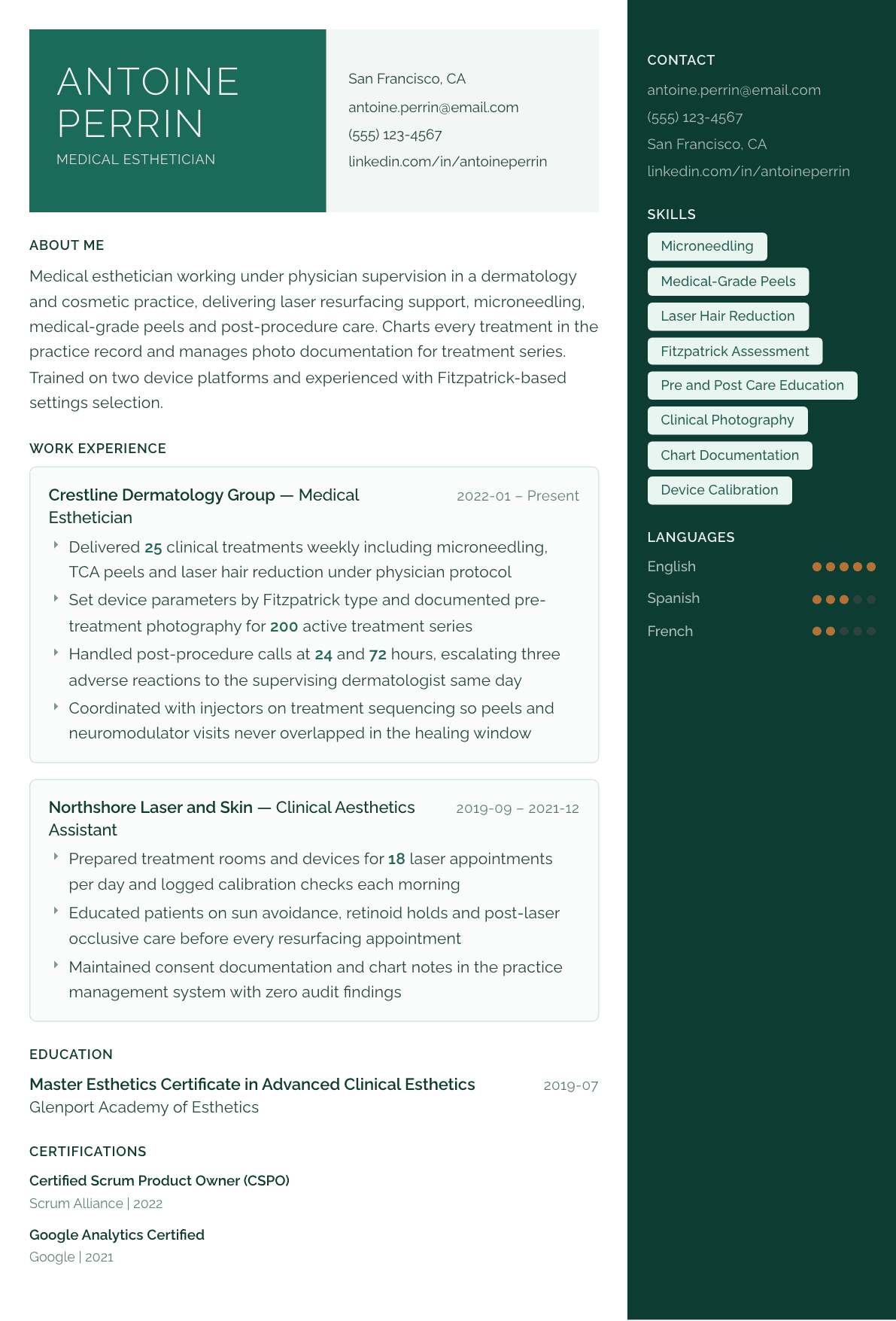 Medical Esthetician resume example, Aurora template