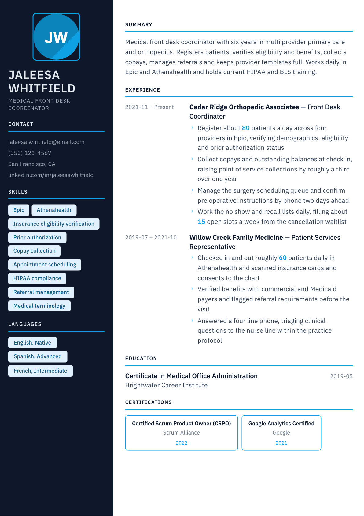 Medical Front Desk resume example, Everest template