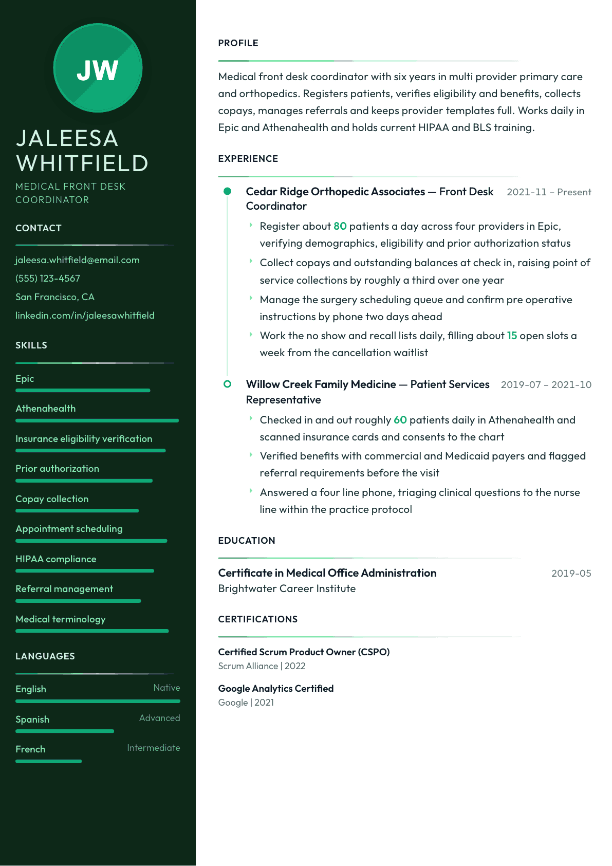 Medical Front Desk resume example, Meridian template