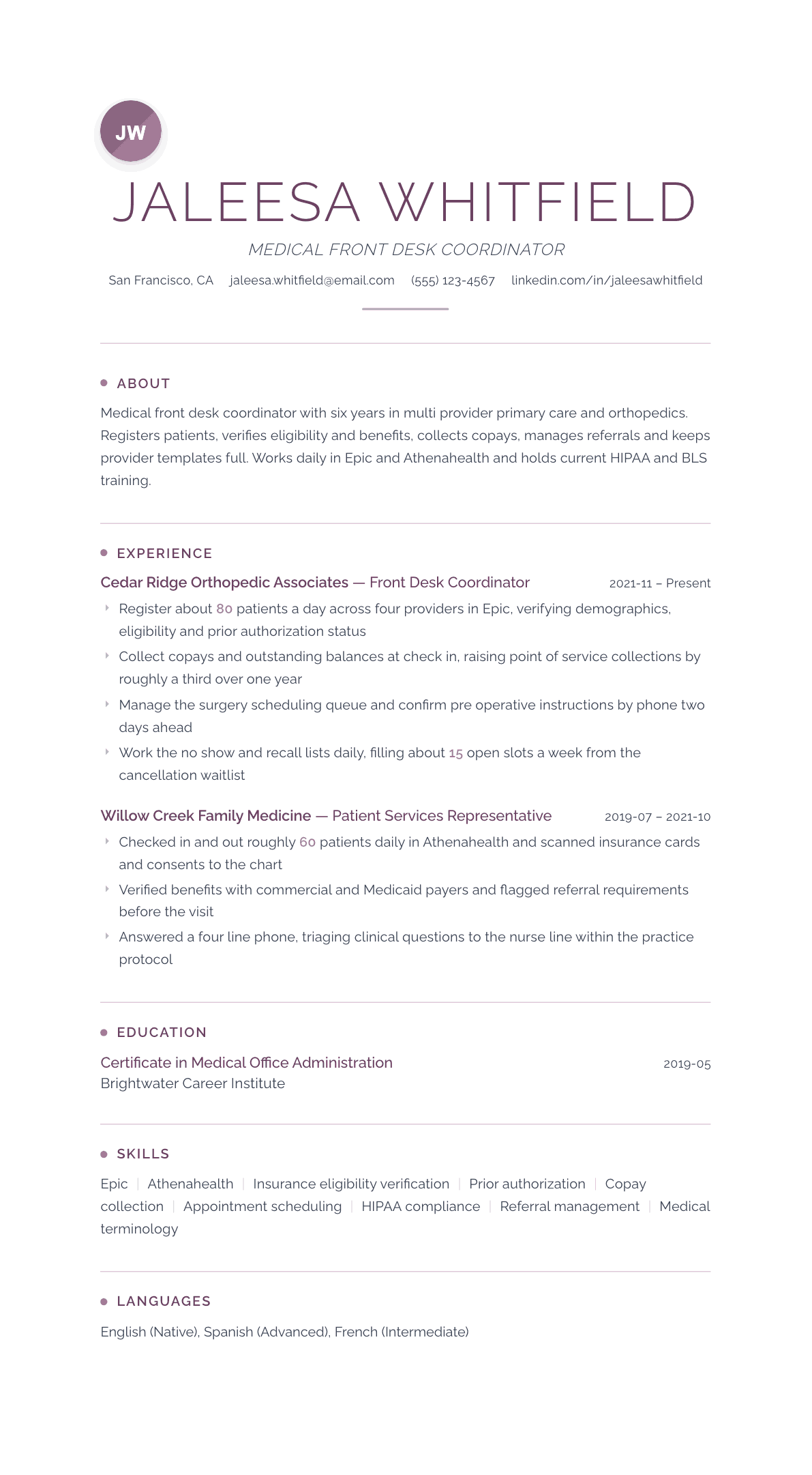 Medical Front Desk resume example, Serenity template