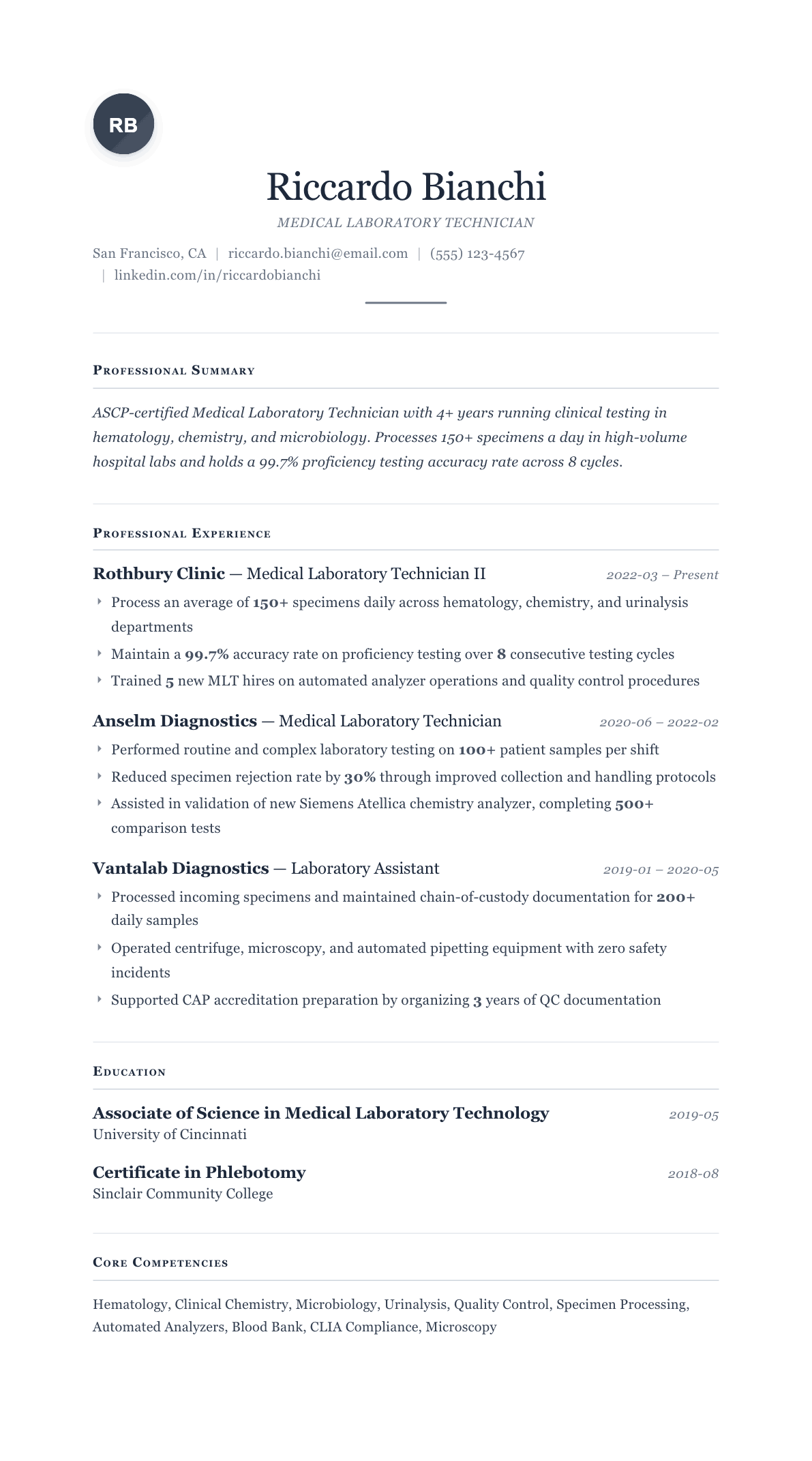 Medical Lab Technician resume example, Cornerstone template