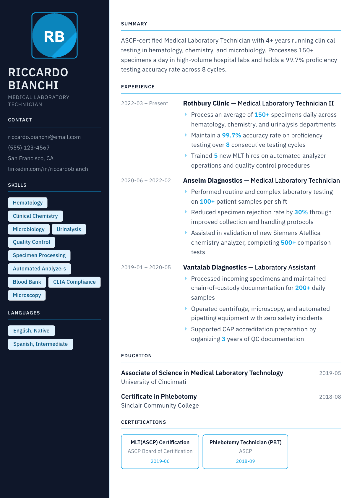 Medical Lab Technician resume example, Everest template