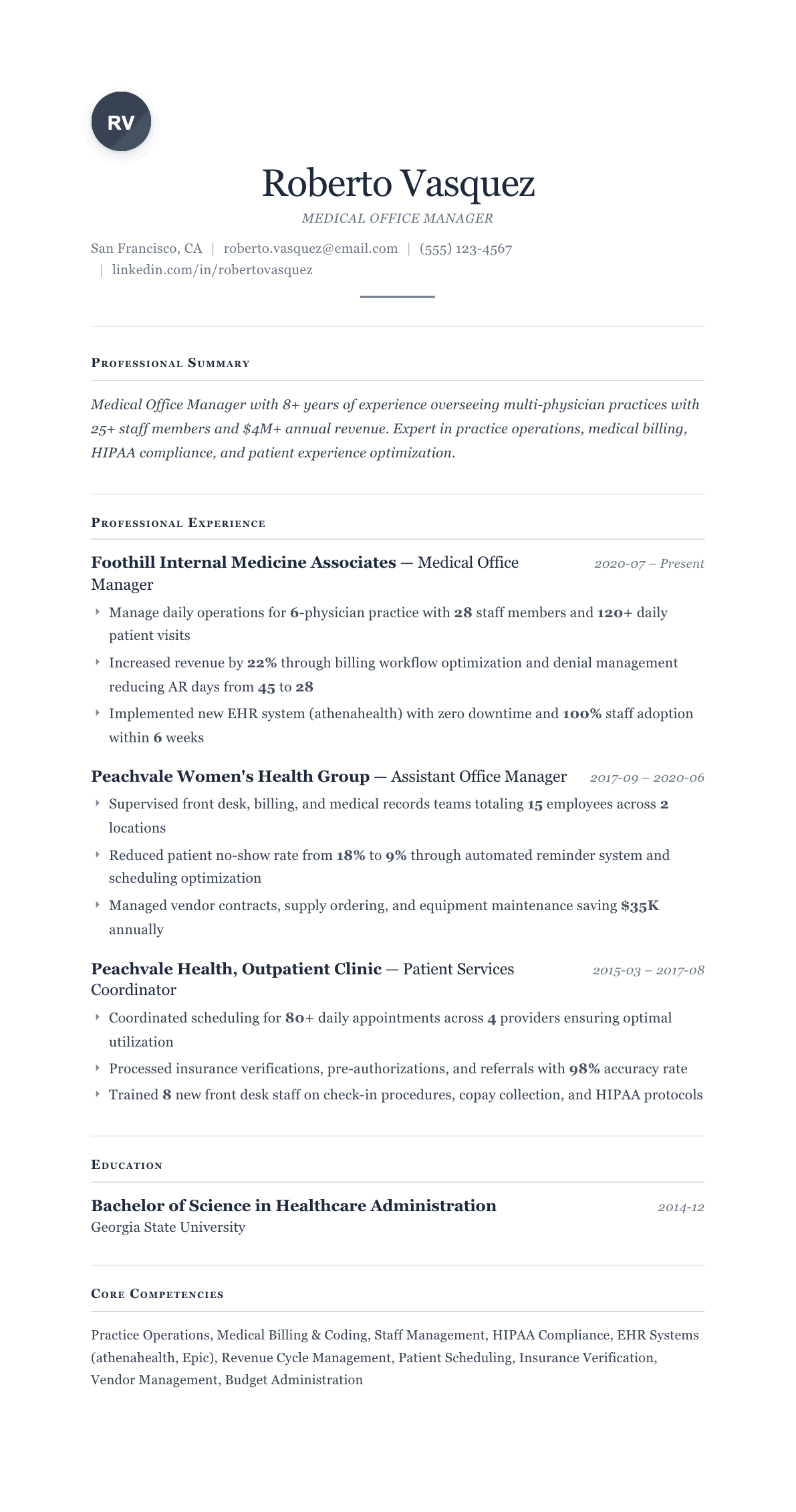 Medical Office Manager resume example, Cornerstone template
