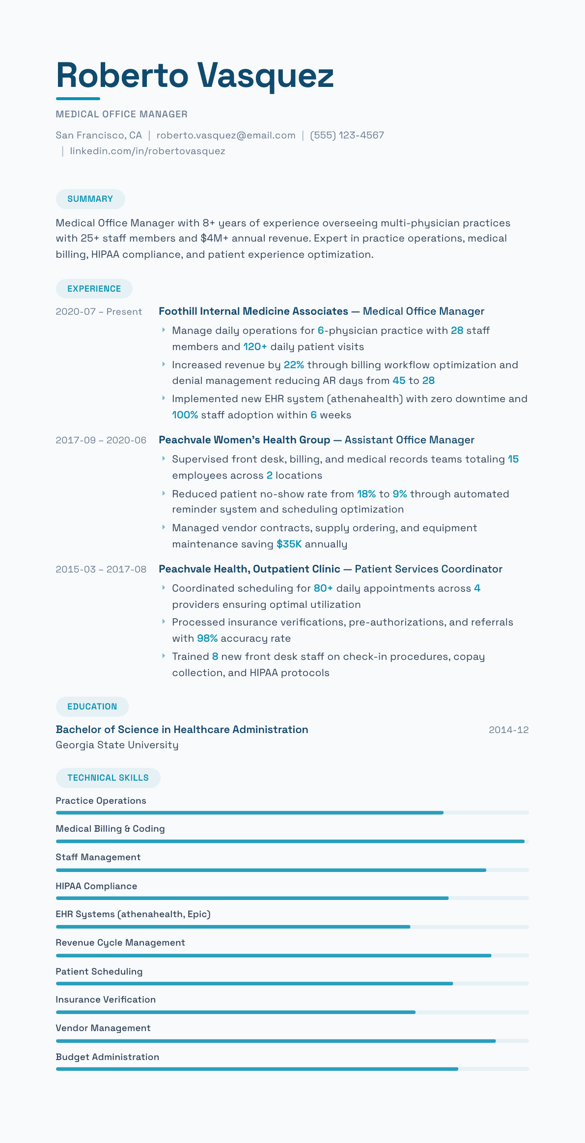Medical Office Manager resume example, Horizon template