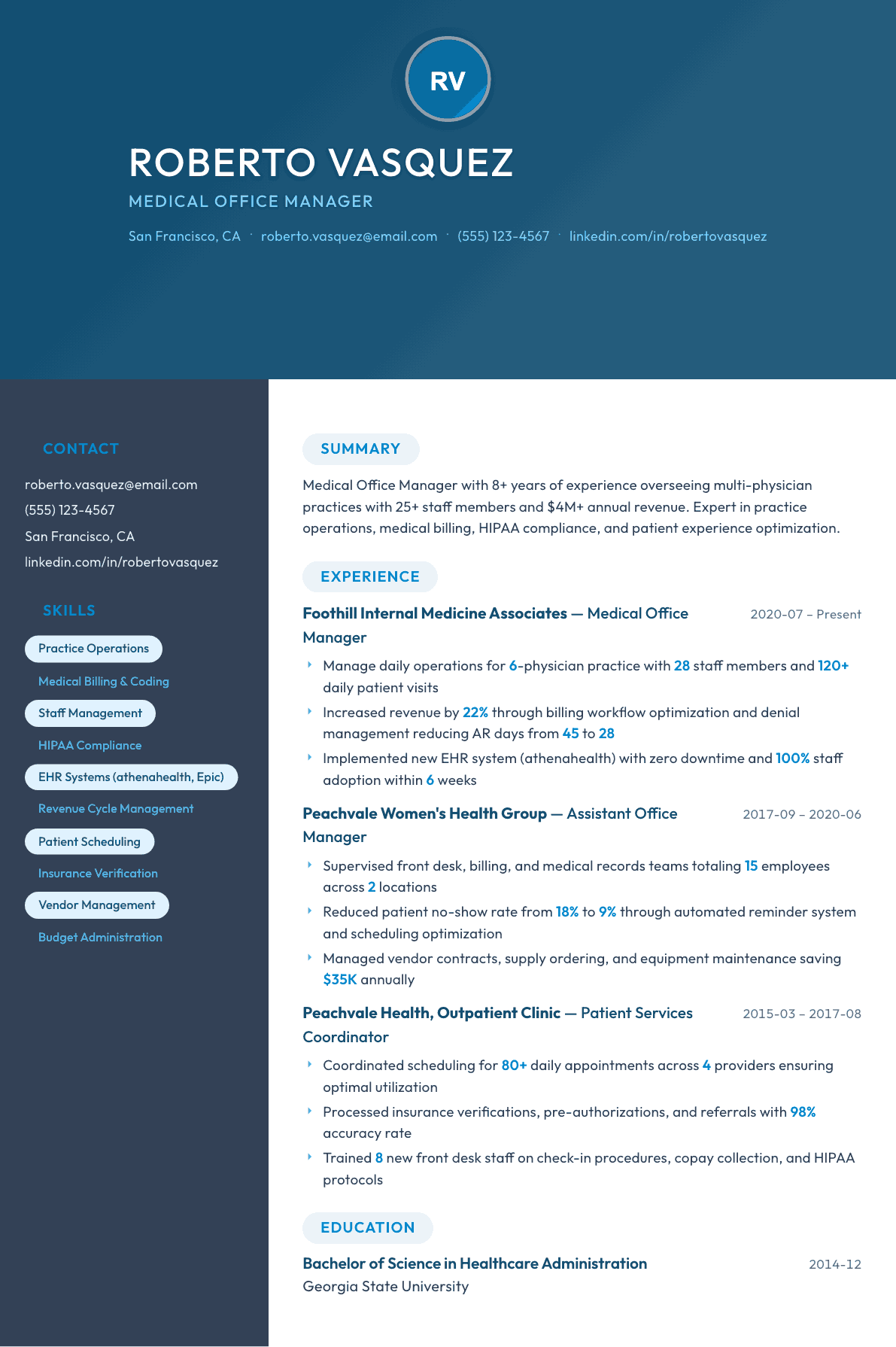 Medical Office Manager resume example, Nexus template