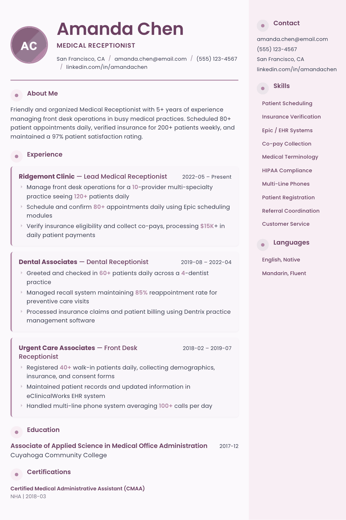 Medical Receptionist resume example, Bloom template