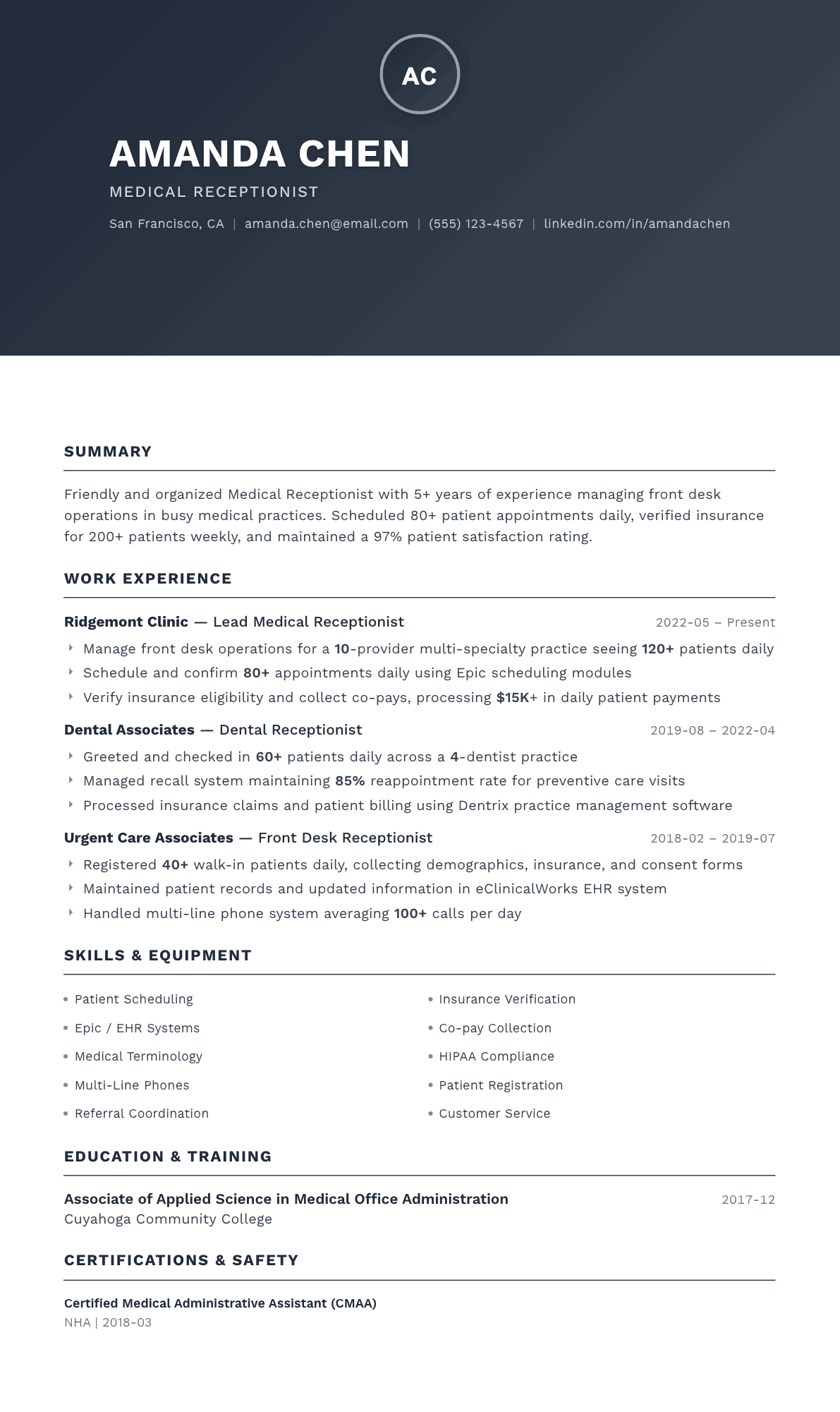 Medical Receptionist resume example, Foundation template