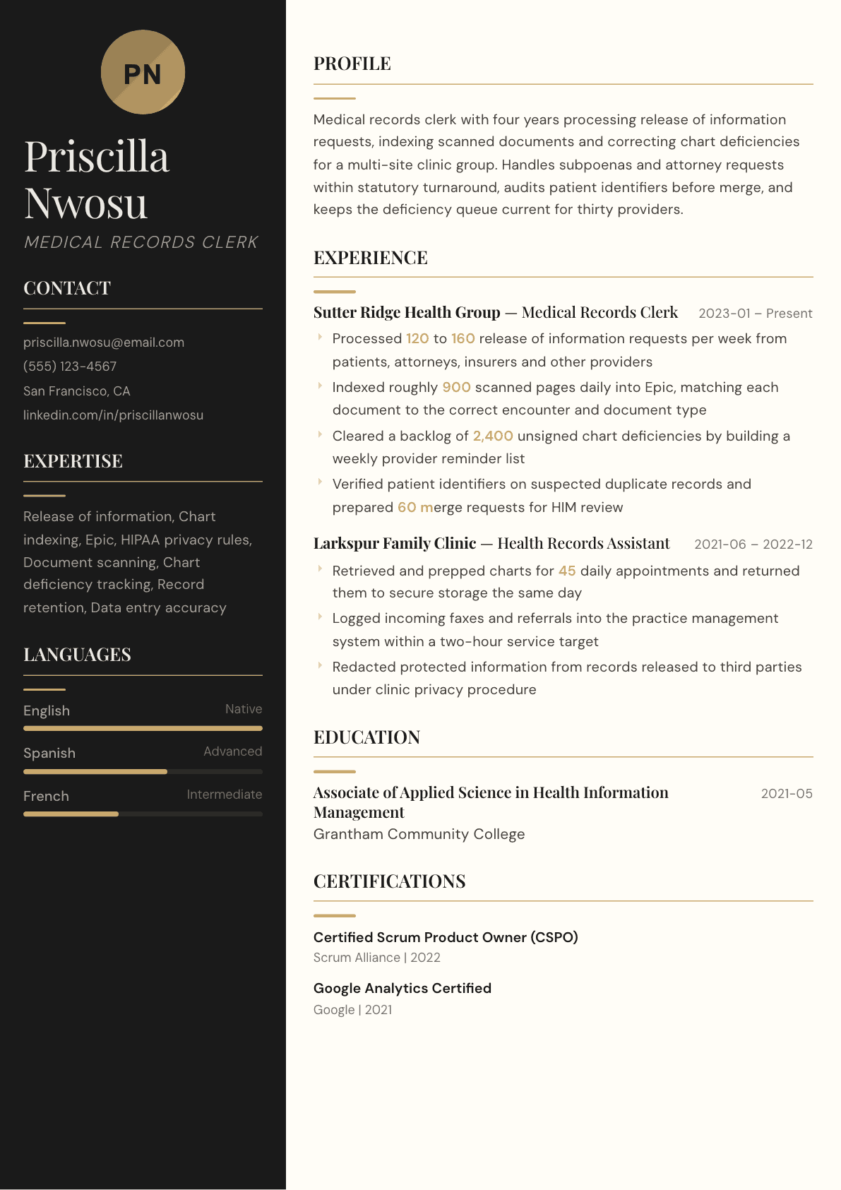 Medical Records Clerk resume example, Obsidian template