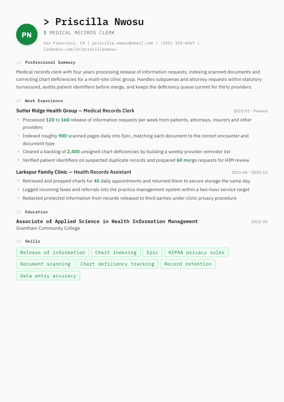 Medical Records Clerk resume example, Amsterdam template