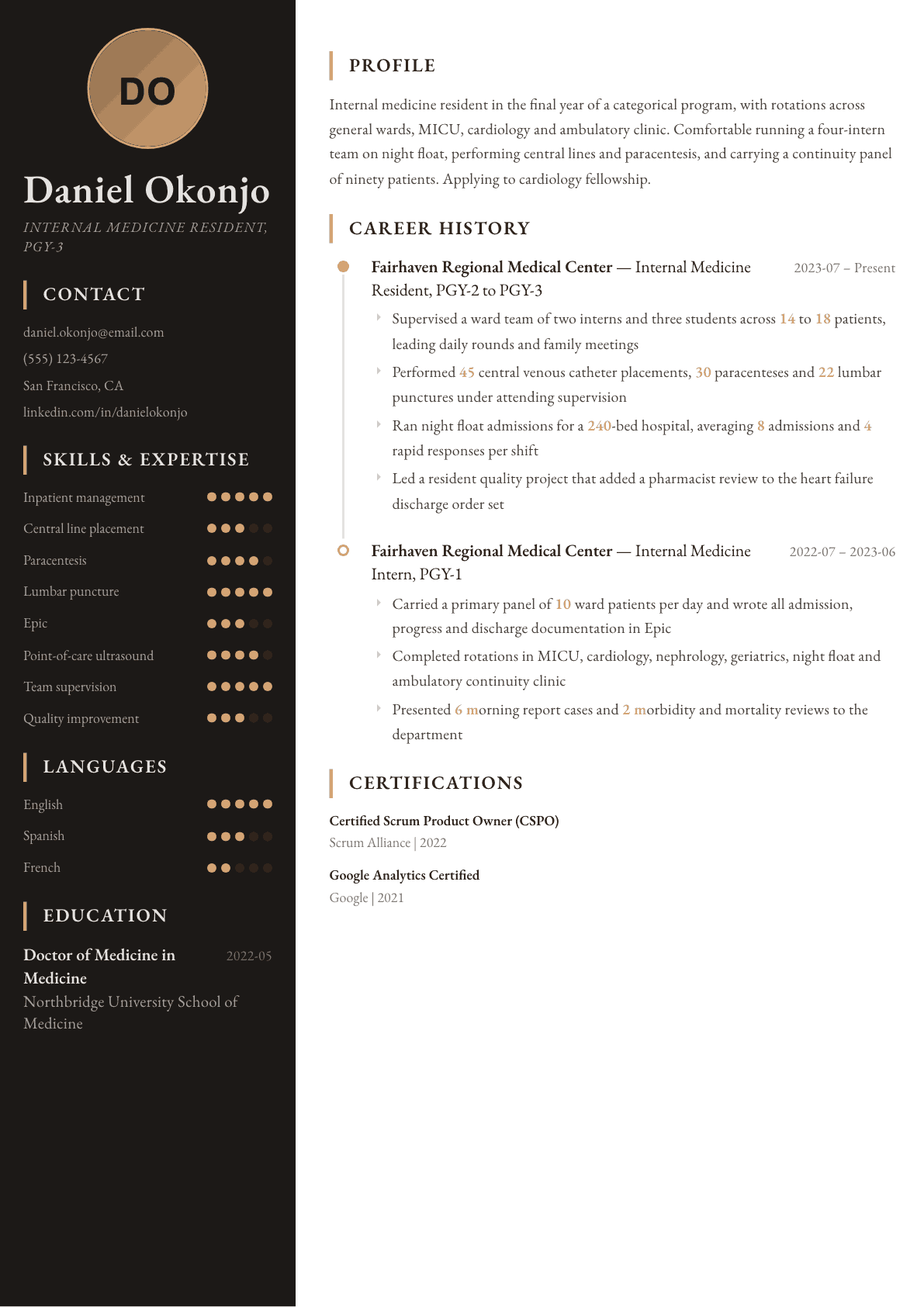Medical Resident resume example, Heritage template