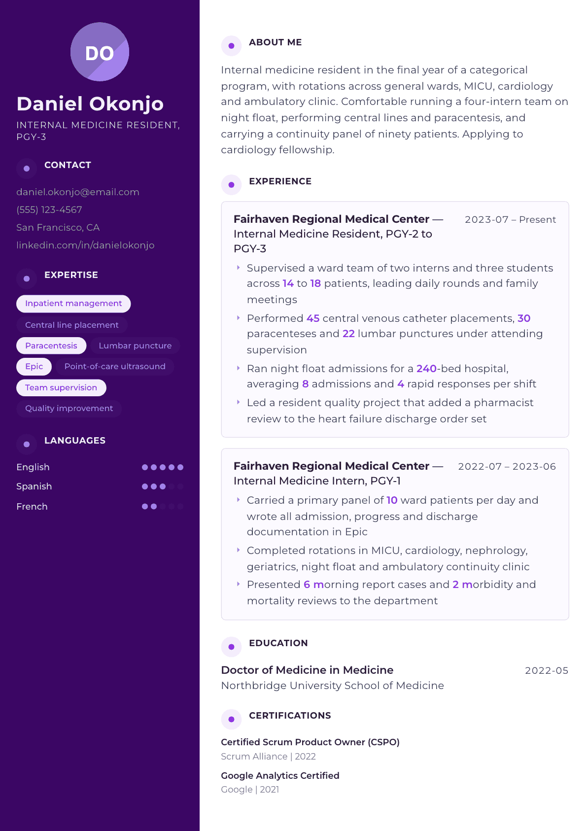 Medical Resident resume example, Palette template