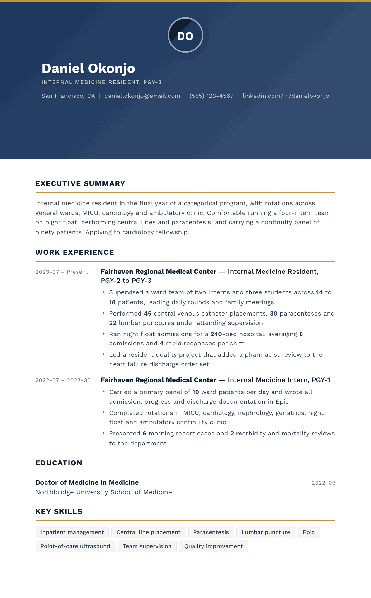 Medical Resident resume example, Sovereign template
