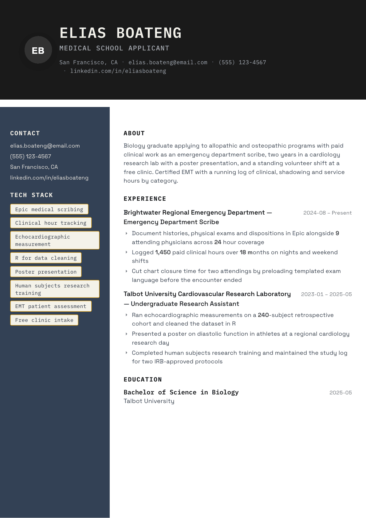 Medical School Applicant resume example, Codebase template