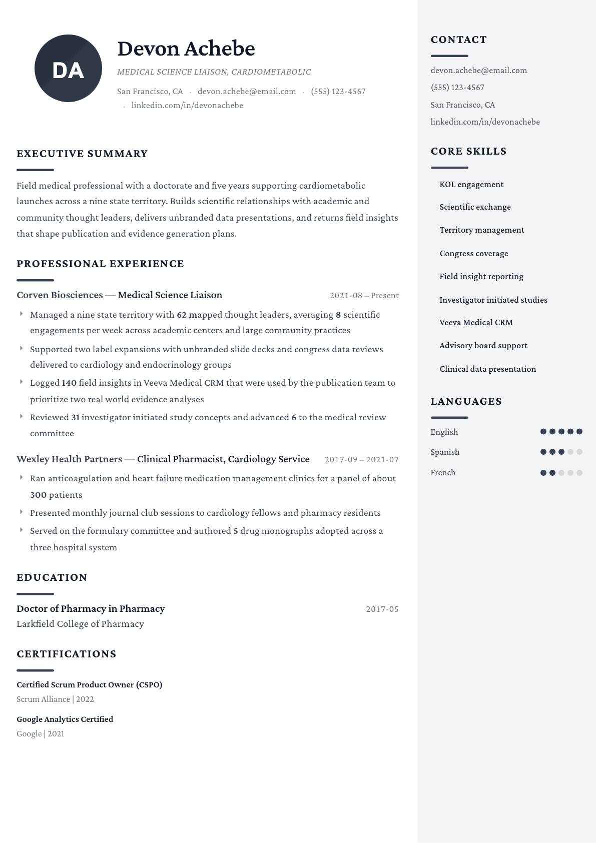 Medical Science Liaison resume example, Monarch template