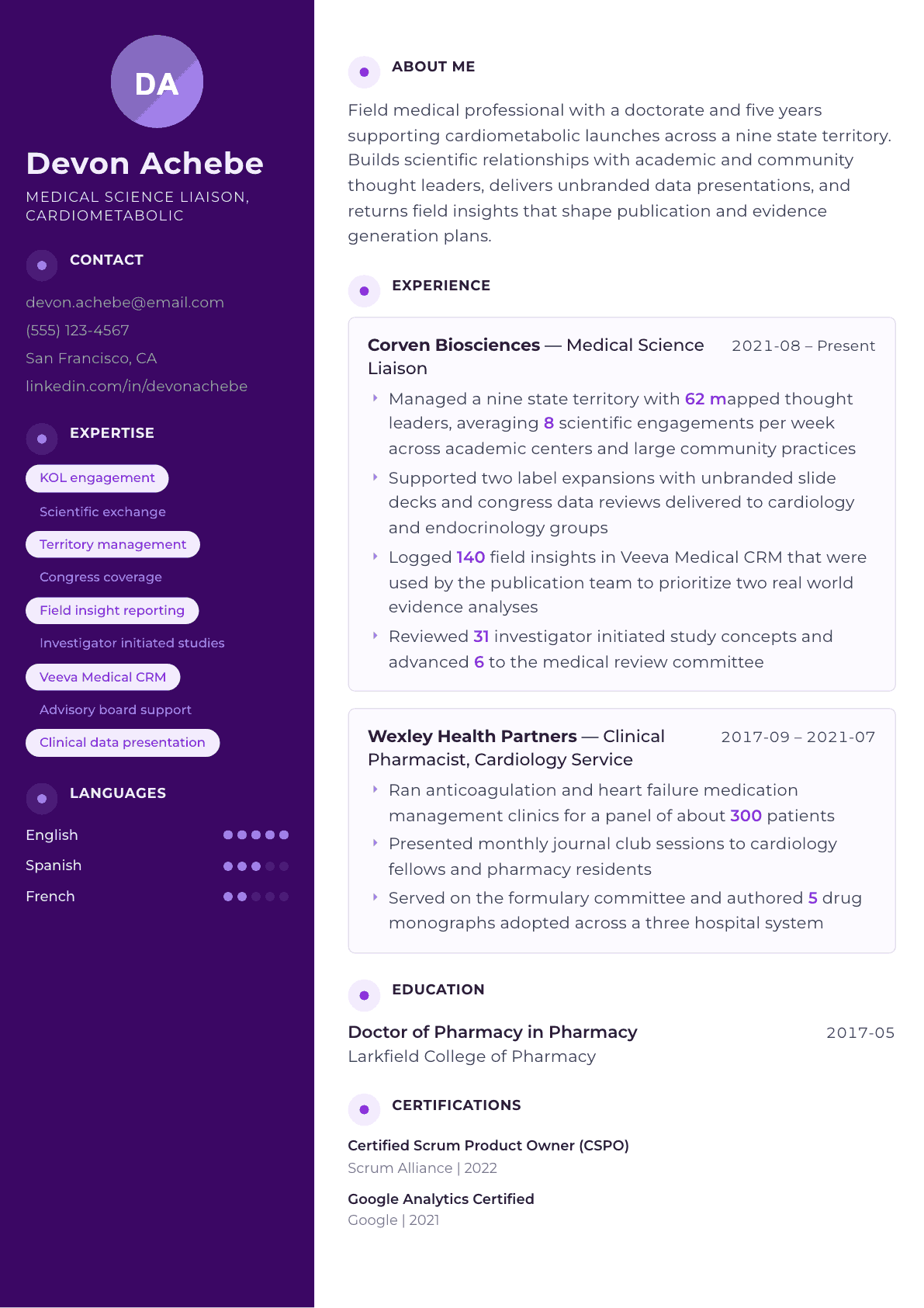 Medical Science Liaison resume example, Palette template
