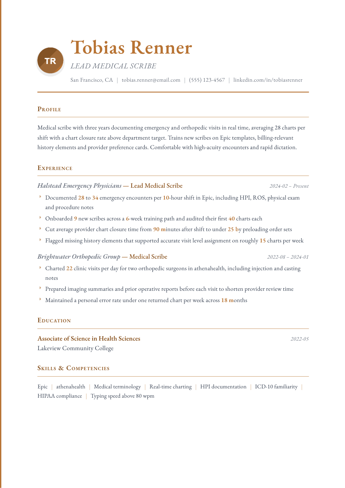 Medical Scribe resume example, Timeless template