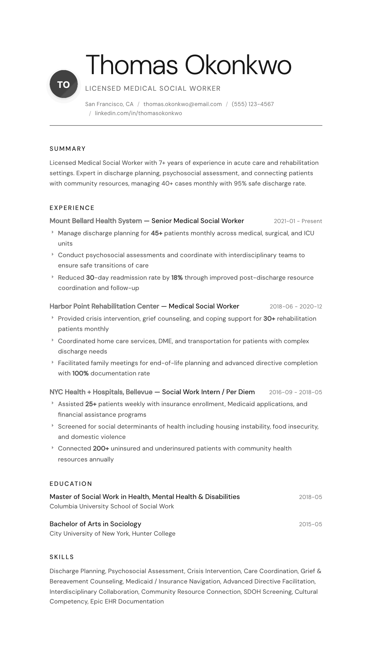 Medical Social Worker resume example, Whisper template