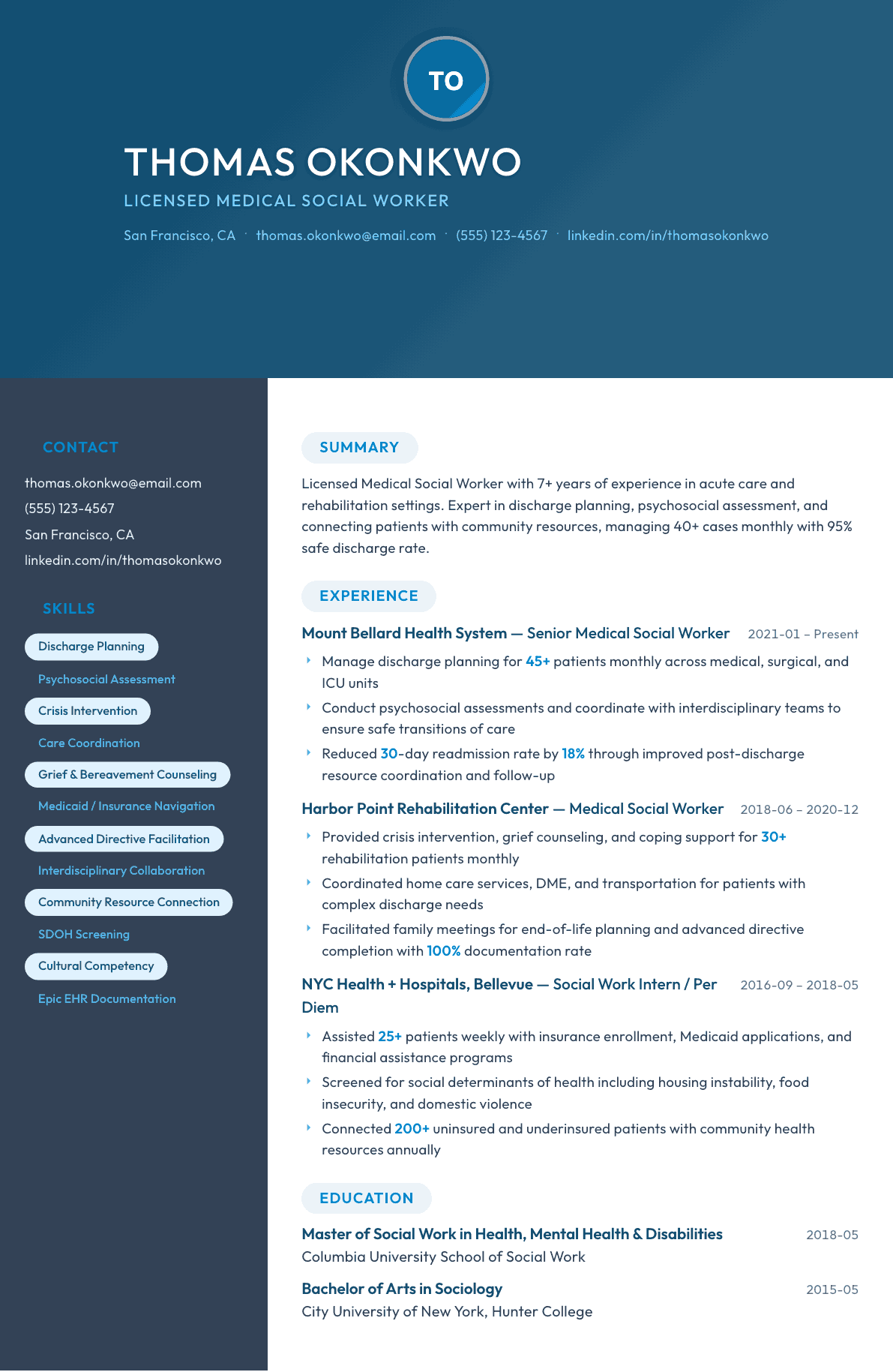 Medical Social Worker resume example, Nexus template