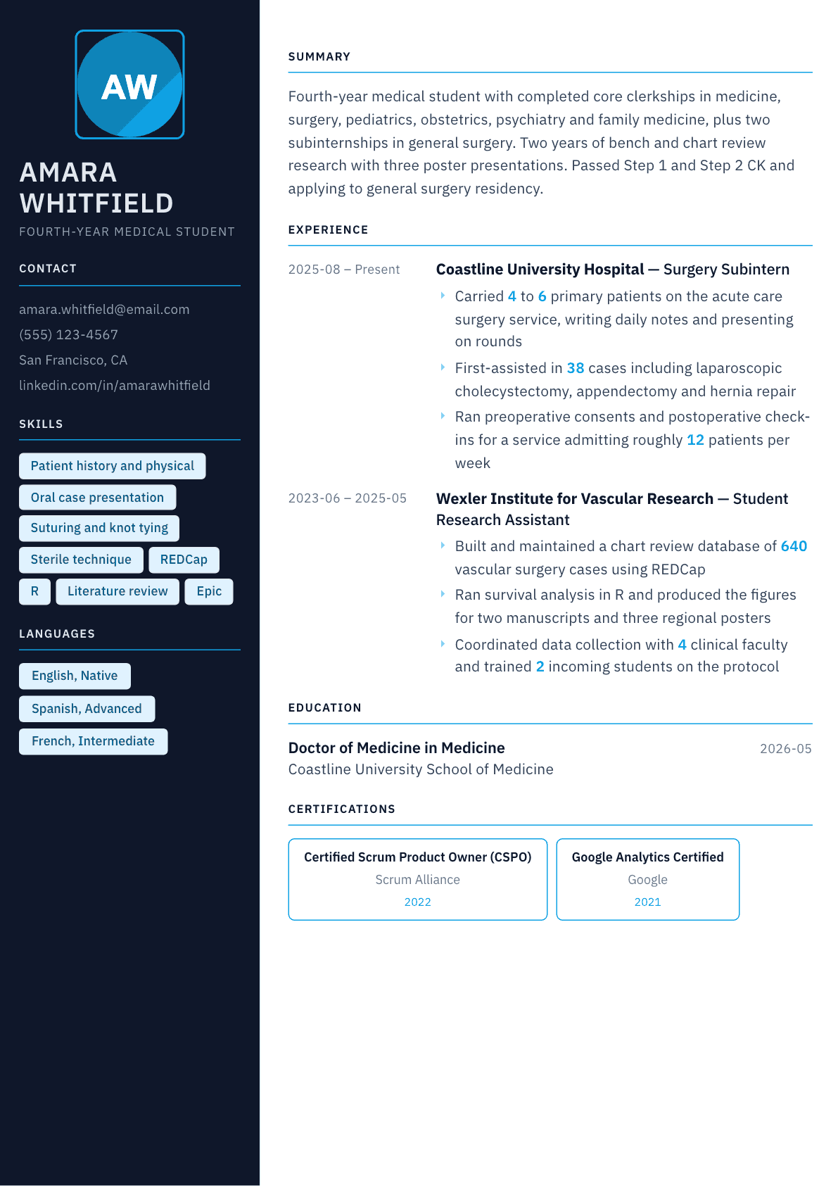 Medical Student resume example, Everest template