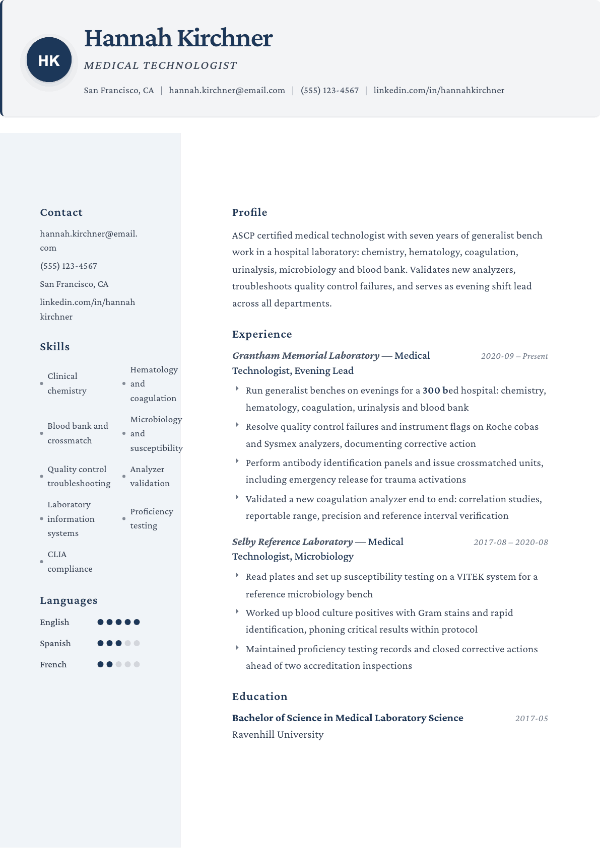Medical Technologist resume example, Formal template