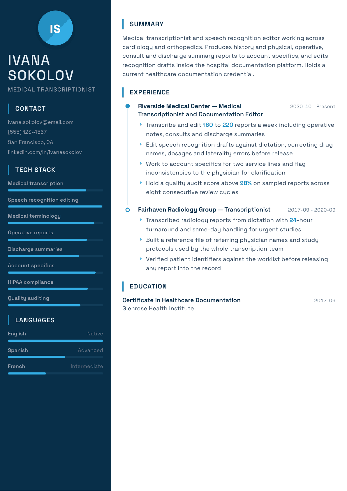 Medical Transcriptionist resume example, Circuit template