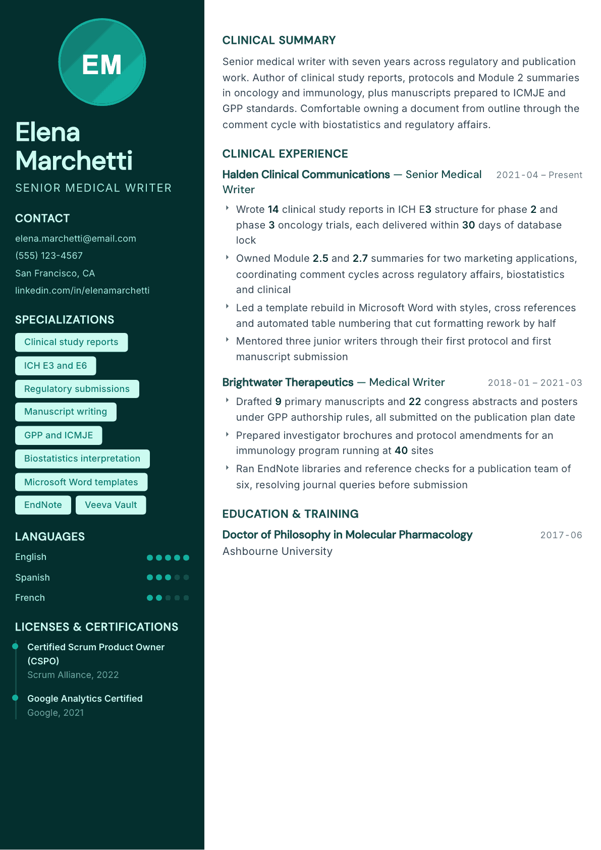 Medical Writer resume example, Vitalis template