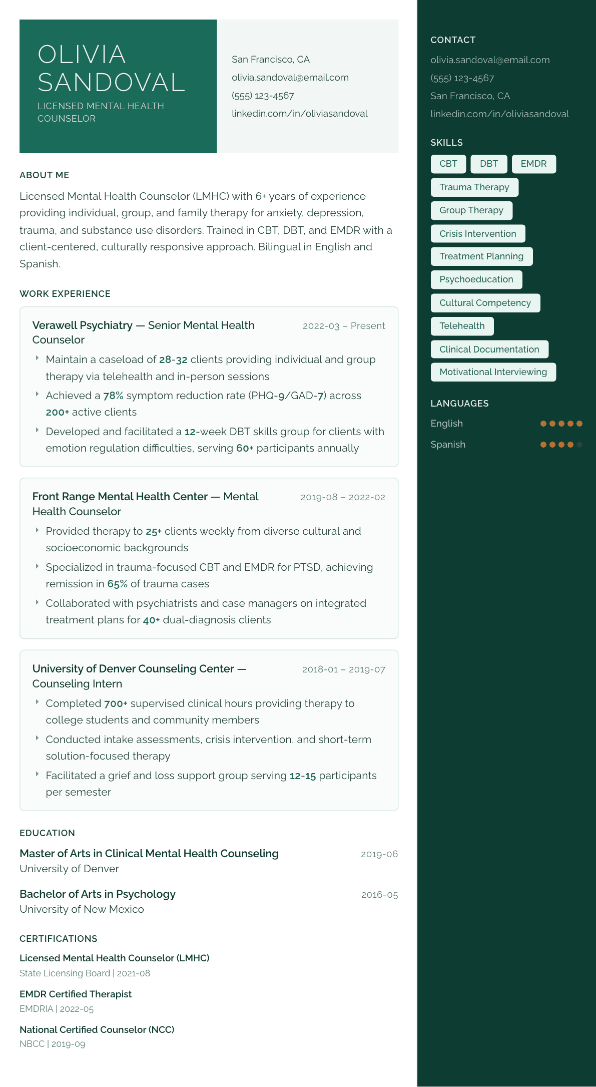 Mental Health Counselor resume example, Aurora template