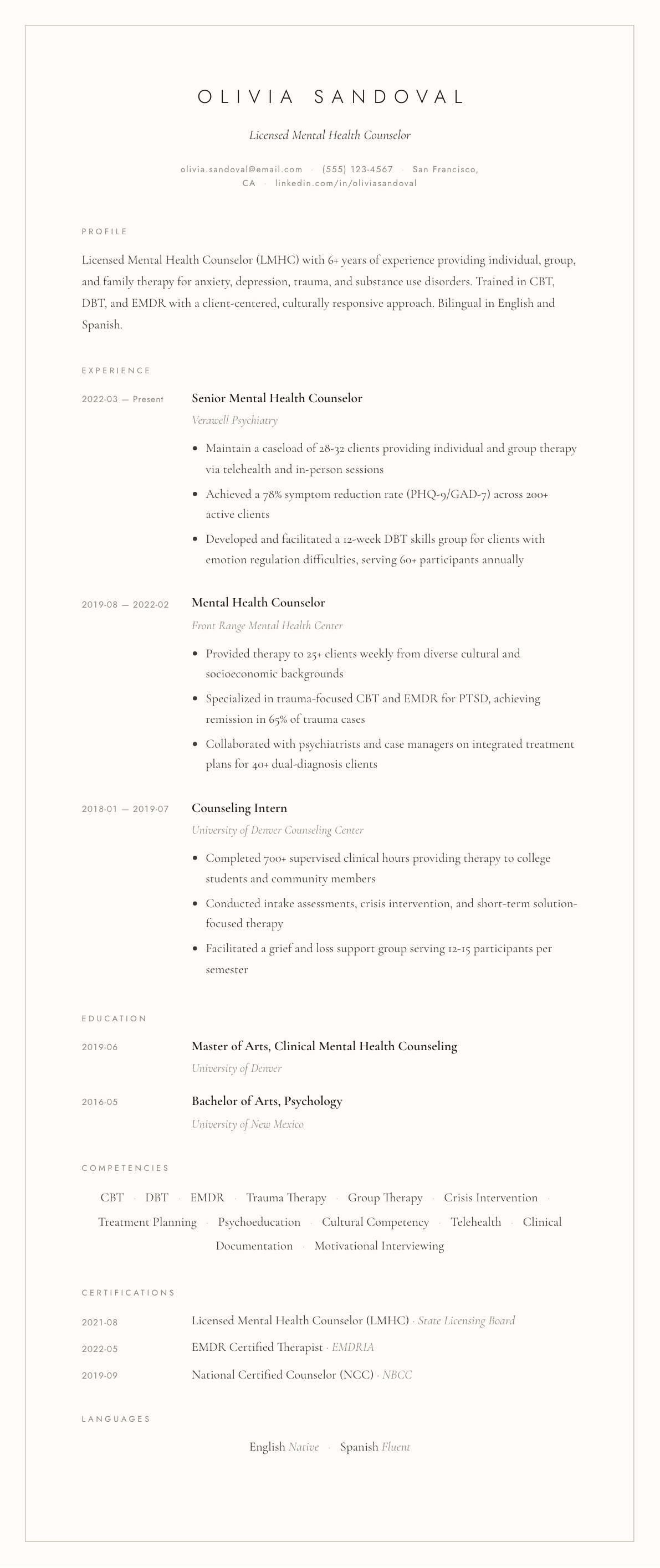Mental Health Counselor resume example, Vellum template