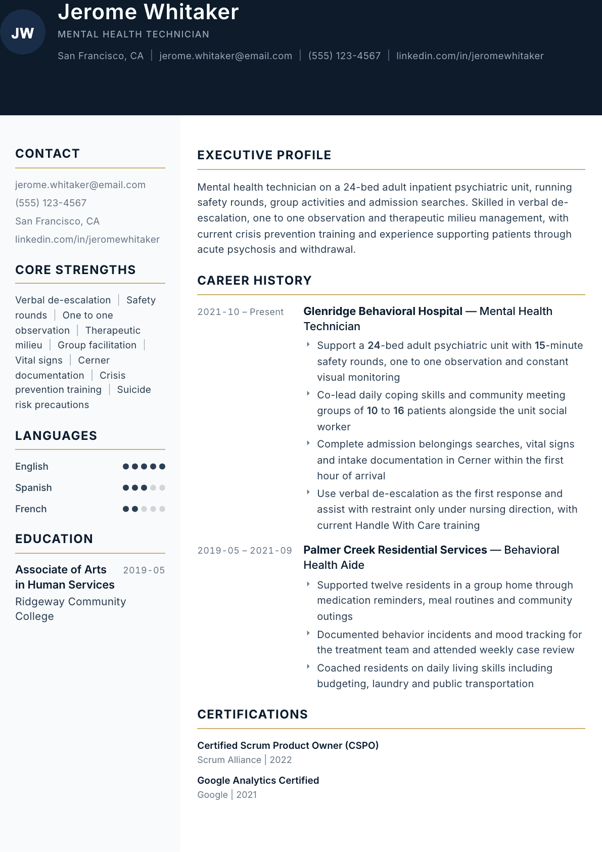 Mental Health Technician resume example, Consulate template