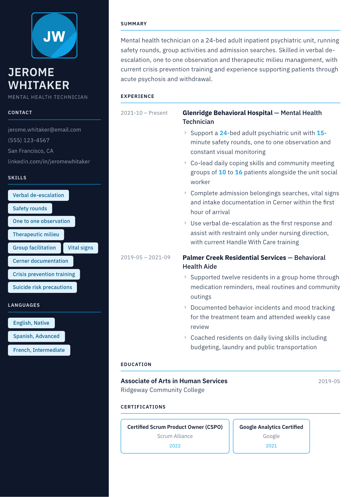 Mental Health Technician resume example, Everest template