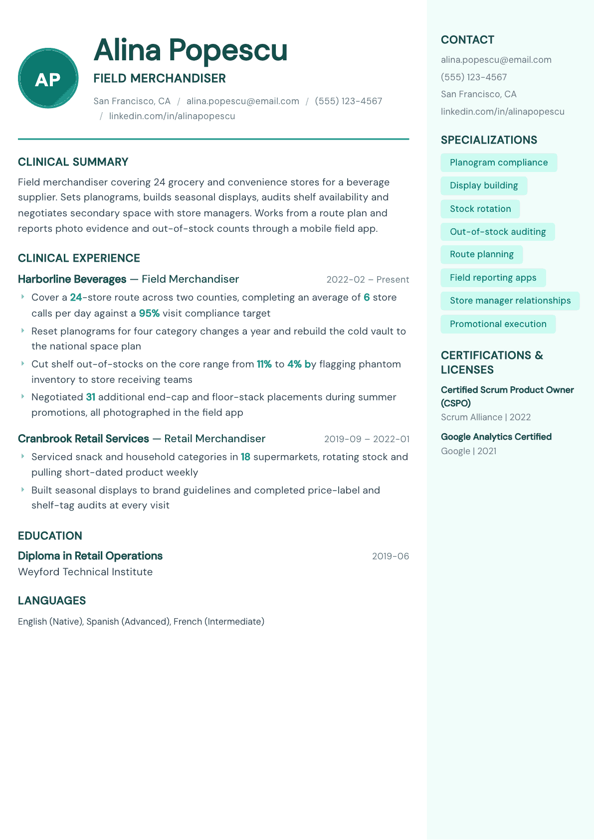 Merchandiser resume example, Remedy template