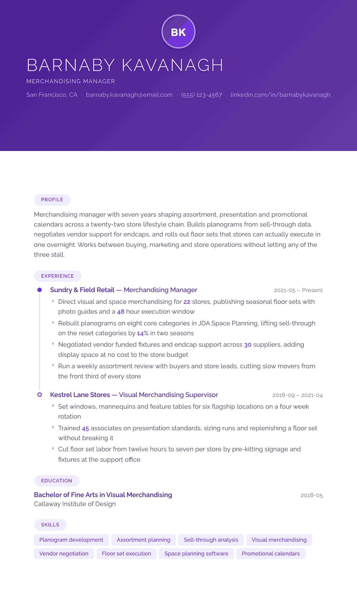 Merchandising Manager resume example, Canvas template
